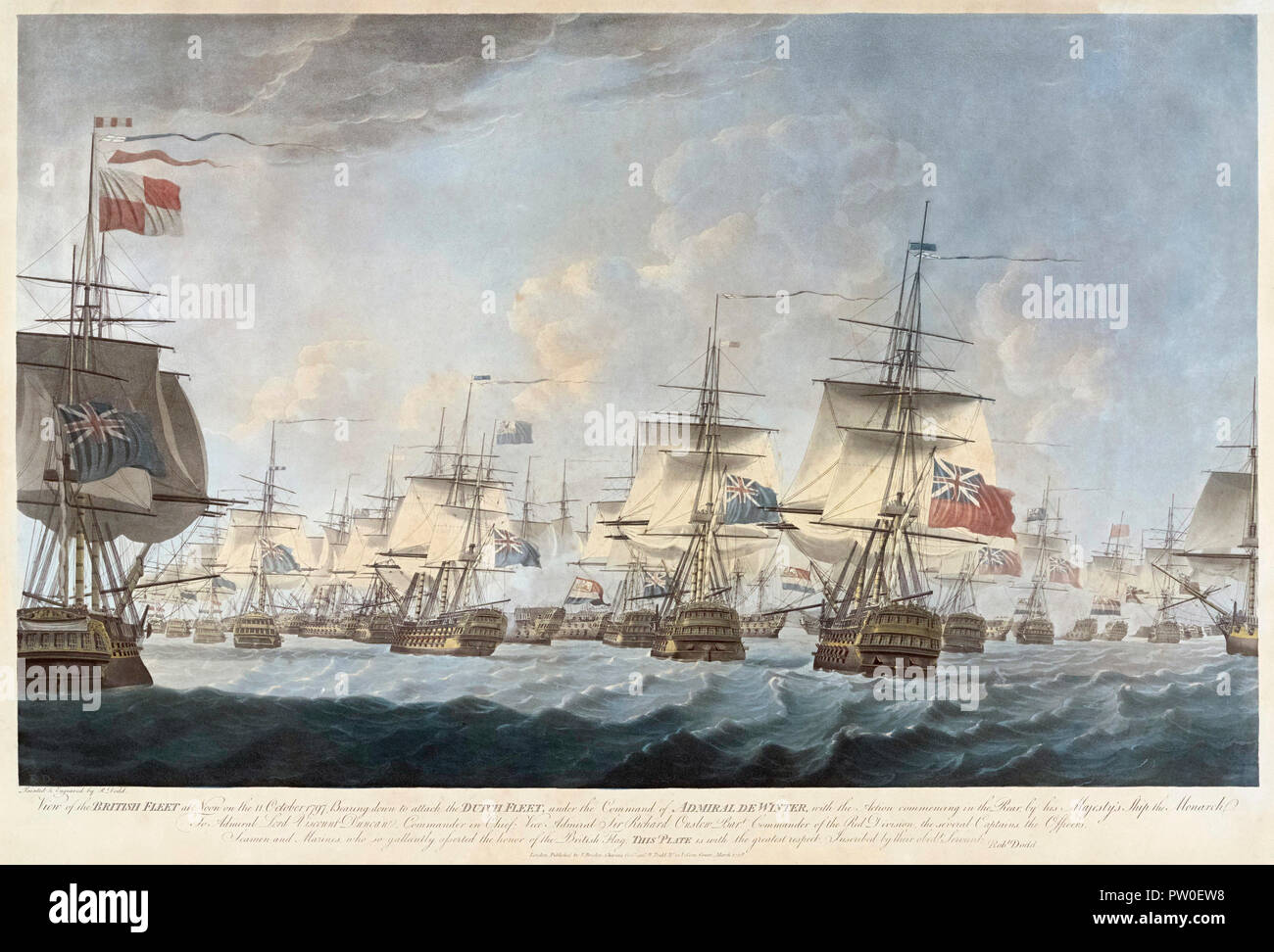 Die Schlacht von Camperdown Kamperduin in Niederländisch, 11. Oktober 1797. Die britische Nordsee Flotte unter Admiral Adam Duncan trägt nach unten auf die Batavische Marine Flotte unter Vizeadmiral Jan de Winter. Nach dem Drucken im Jahr 1798 veröffentlicht. Stockfoto