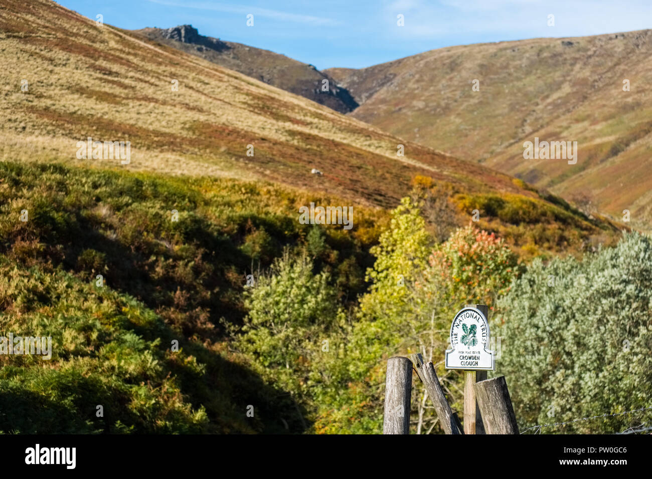 National Trust Zeichen zu Beginn der Crowden Clough führt von Friseur stand Kinder Scout im Peak District National Park, Derbyshire, Großbritannien Stockfoto