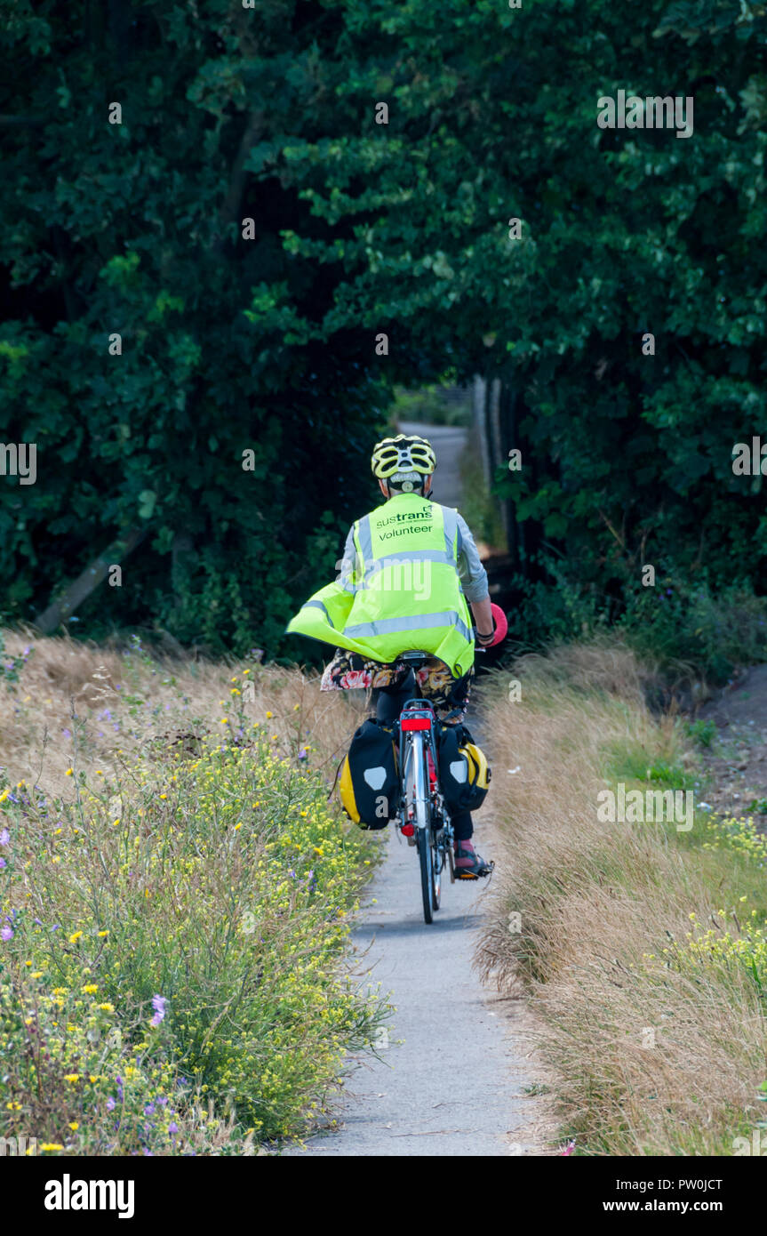 Ein sustrans Freiwillige Radfahren entlang einem Land Route neben Ackerrandstreifen in Kent. Stockfoto