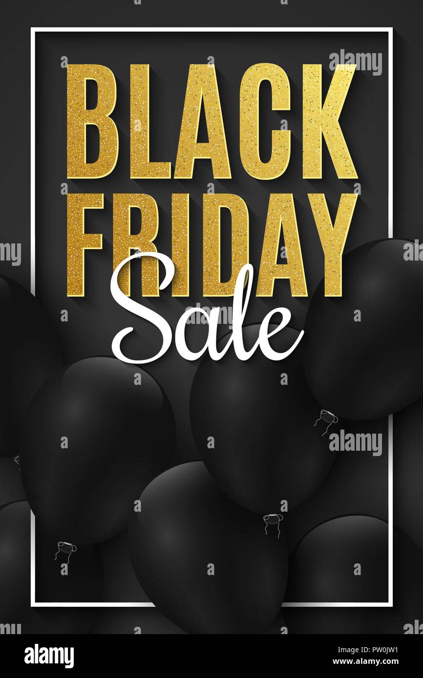 Schwarzer Freitag Verkauf Banner. Realistische schwarze Luftballons auf einem dunklen Hintergrund. Große Rabatte. Für Ihr Unternehmen. Golden glänzt. Web Flyer. Vektor Stock Vektor