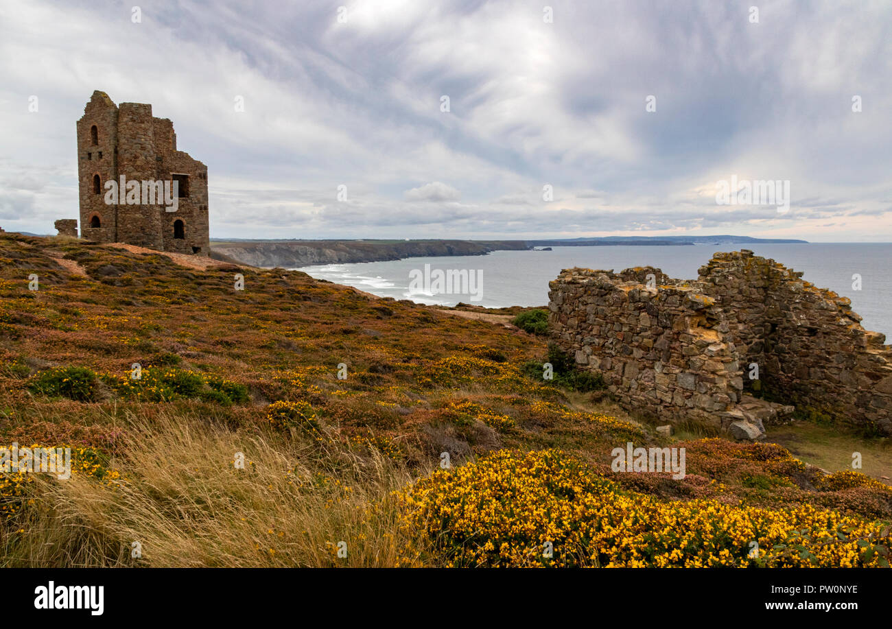 Wheal Coates Tin Mine. Briefmarken und Laune Engine House, und Doppelklicken angereihten Calcinator mit Meerblick. Die hl. Agnes, Cornwall, England. Stockfoto