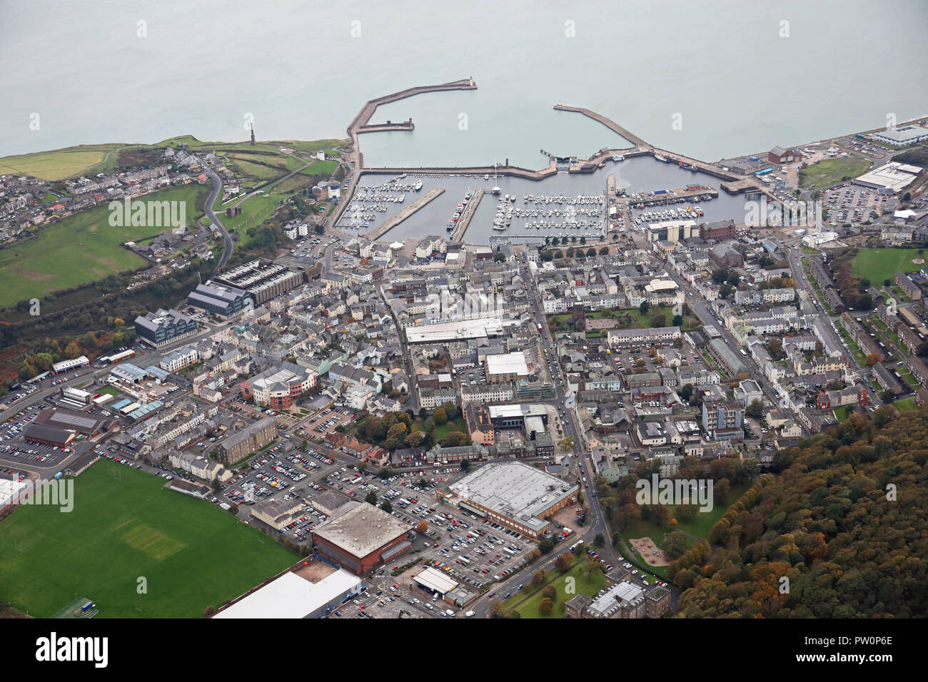 Luftaufnahme der Cumbrian Küstenstadt Whitehaven Stockfoto
