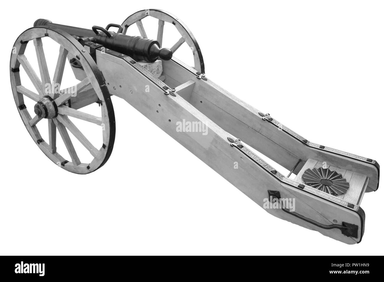 Alte Kanone. vintage Schießpulver Waffe auf weißem Hintergrund Stockfoto