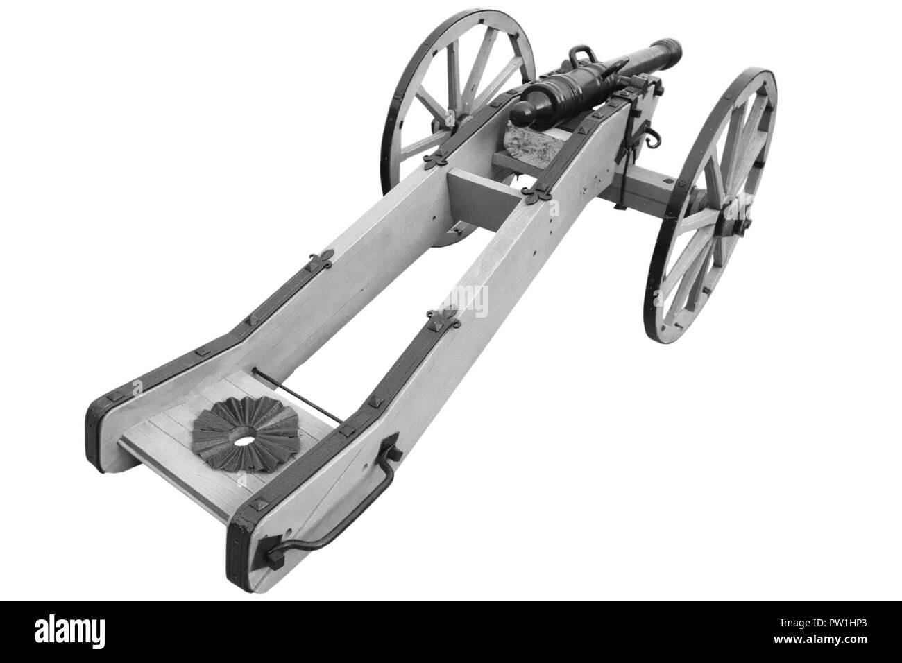 Alte Kanone. vintage Schießpulver Waffe auf weißem Hintergrund Stockfoto