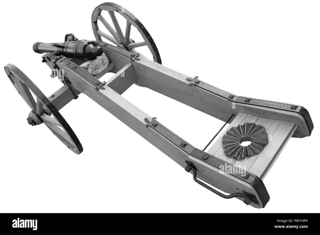 Alte Kanone. vintage Schießpulver Waffe auf weißem Hintergrund Stockfoto