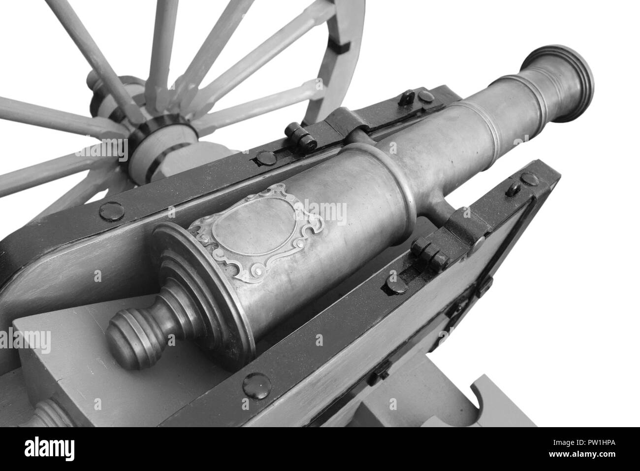 Alte Kanone. vintage Schießpulver Waffe auf weißem Hintergrund Stockfoto