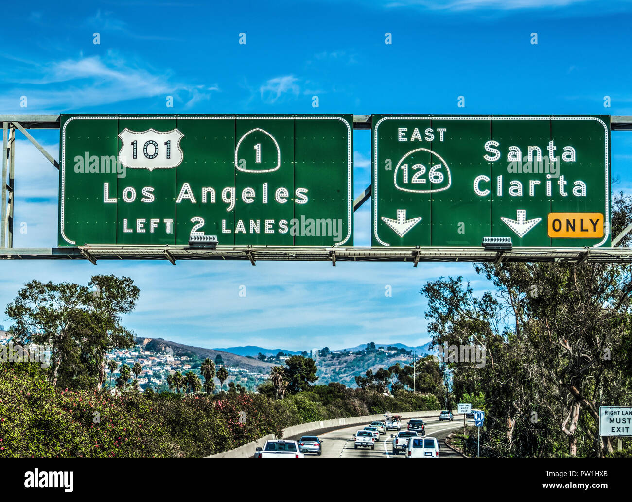 Los Angeles Ausfahrt auf die Autobahn 101 in Richtung Süden. Kalifornien, USA Stockfoto