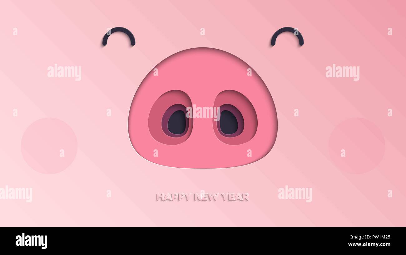 Frohes Neues Jahr 2019 Papier Hintergrund. Das Jahr des Schweins. Vector Illustration von niedlichen lustige Schweinchen Gesicht für Ihr Design Stock Vektor
