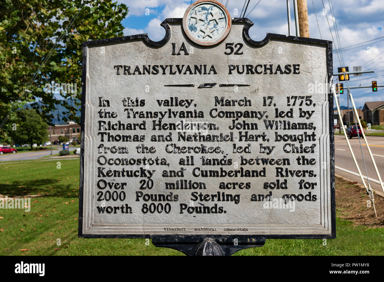ELIZABETHTON, TN, USA-10/1/18: ein Zeichen dokumentiert die Lage des 1775 Siebenbürgen erwerben, wobei über 20 Millionen Hektar in Kentucky gekauft wurde. Stockfoto