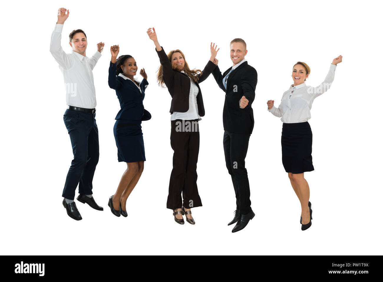 Gruppe von Aufgeregt Geschäftsleute Springen auf weißem Hintergrund Stockfoto