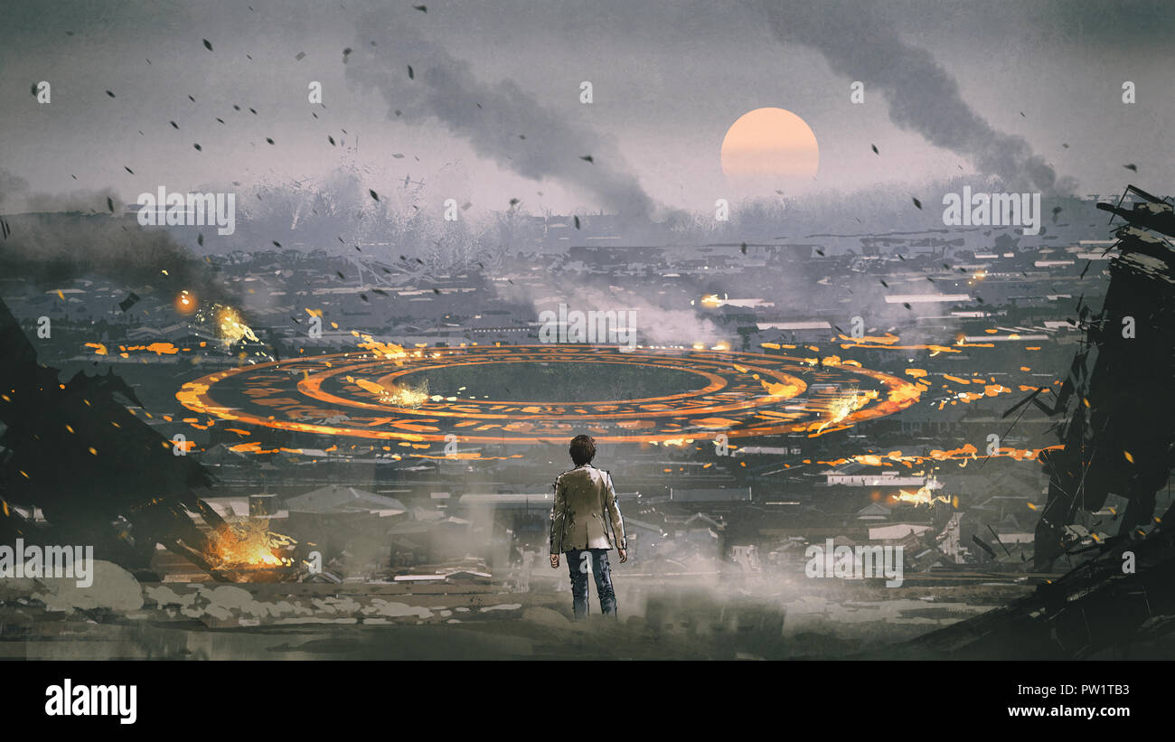 Post-Apokalypse Szene, der Mann, der zerstörten Stadt und geheimnisvolle Kreis auf dem Boden, digital art Stil, Illustration Malerei Stockfoto