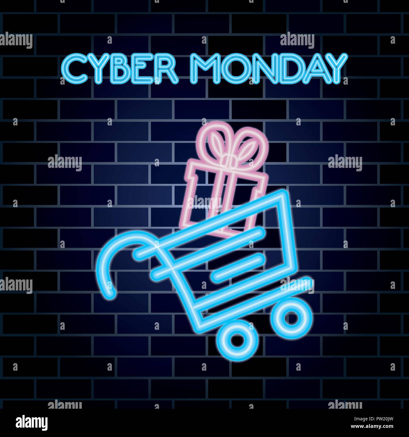 Cyber Monday verkauf Warenkorb Geschenkbox neon Vector Illustration Stock Vektor