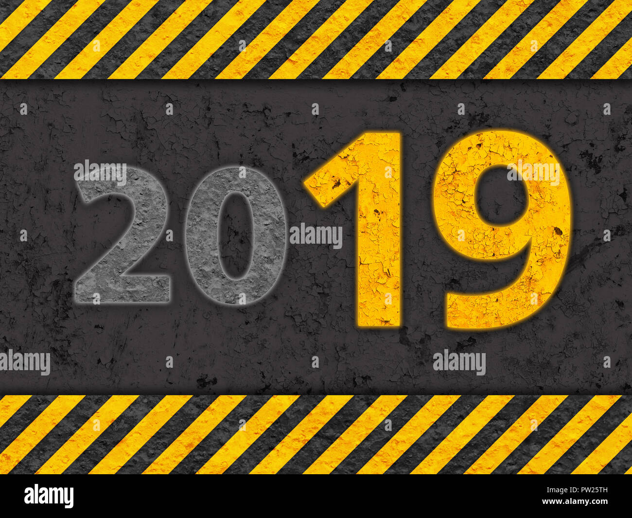 Grunge Schwarz und Orange Muster mit Warnung Text 2019, alte Metall texturiert Stockfoto