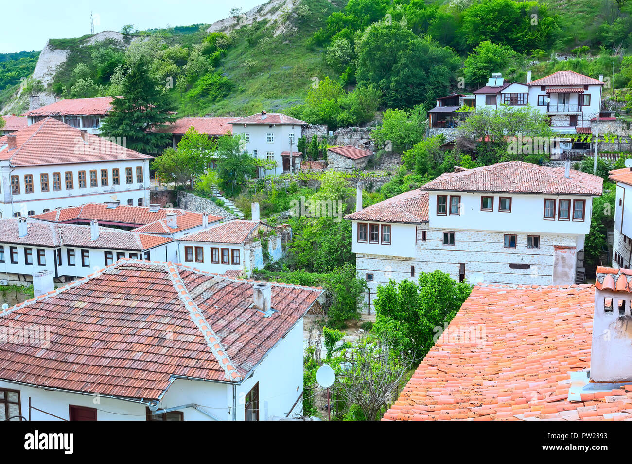 Luftbild mit traditionellen bulgarischen Häuser mit Terrasse, von der Wiedergeburt in Melnik Stadt, Bulgarien Stockfoto