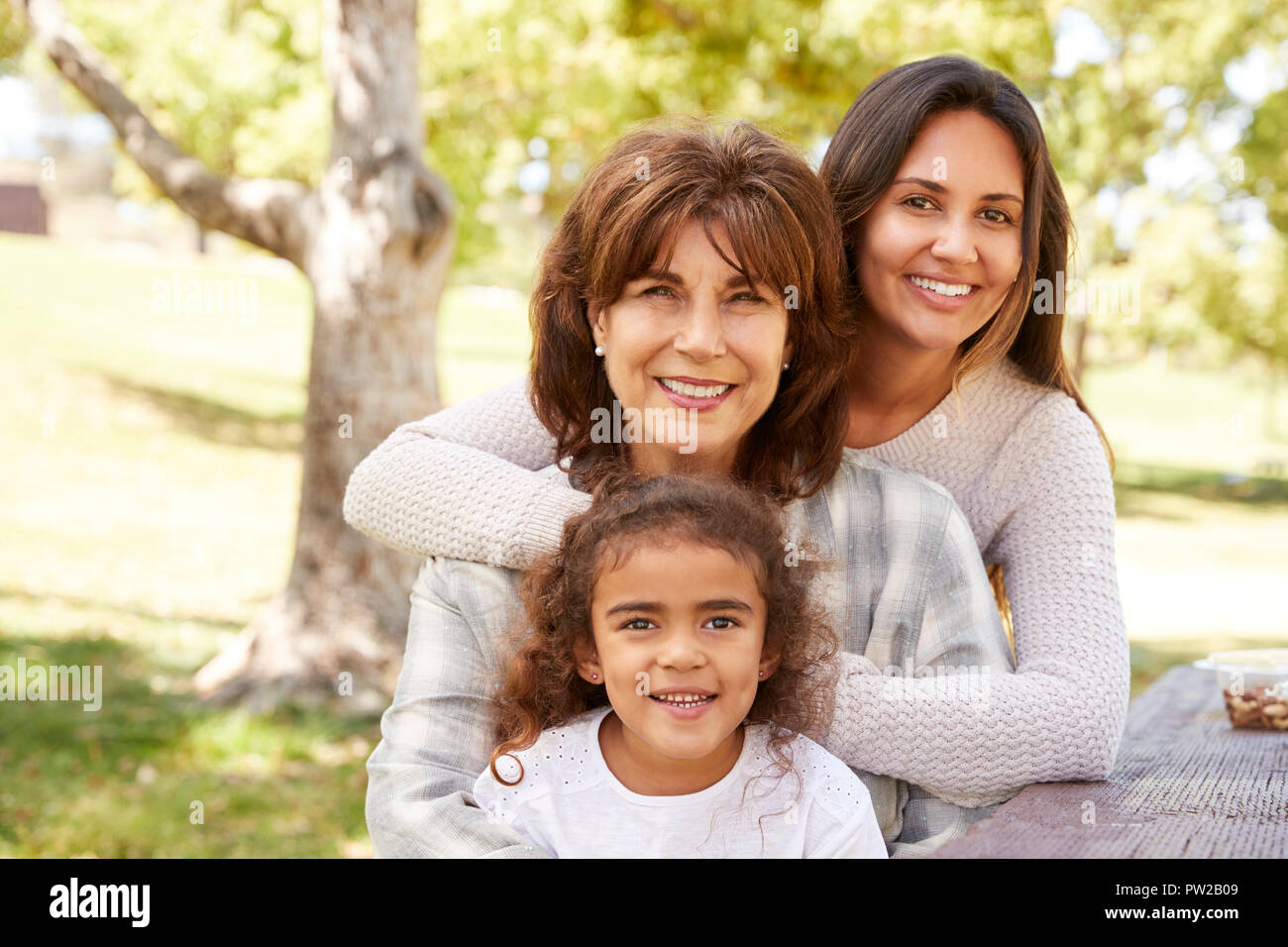 Drei Generationen von Frauen an einer Familie Picknick im Park Stockfoto