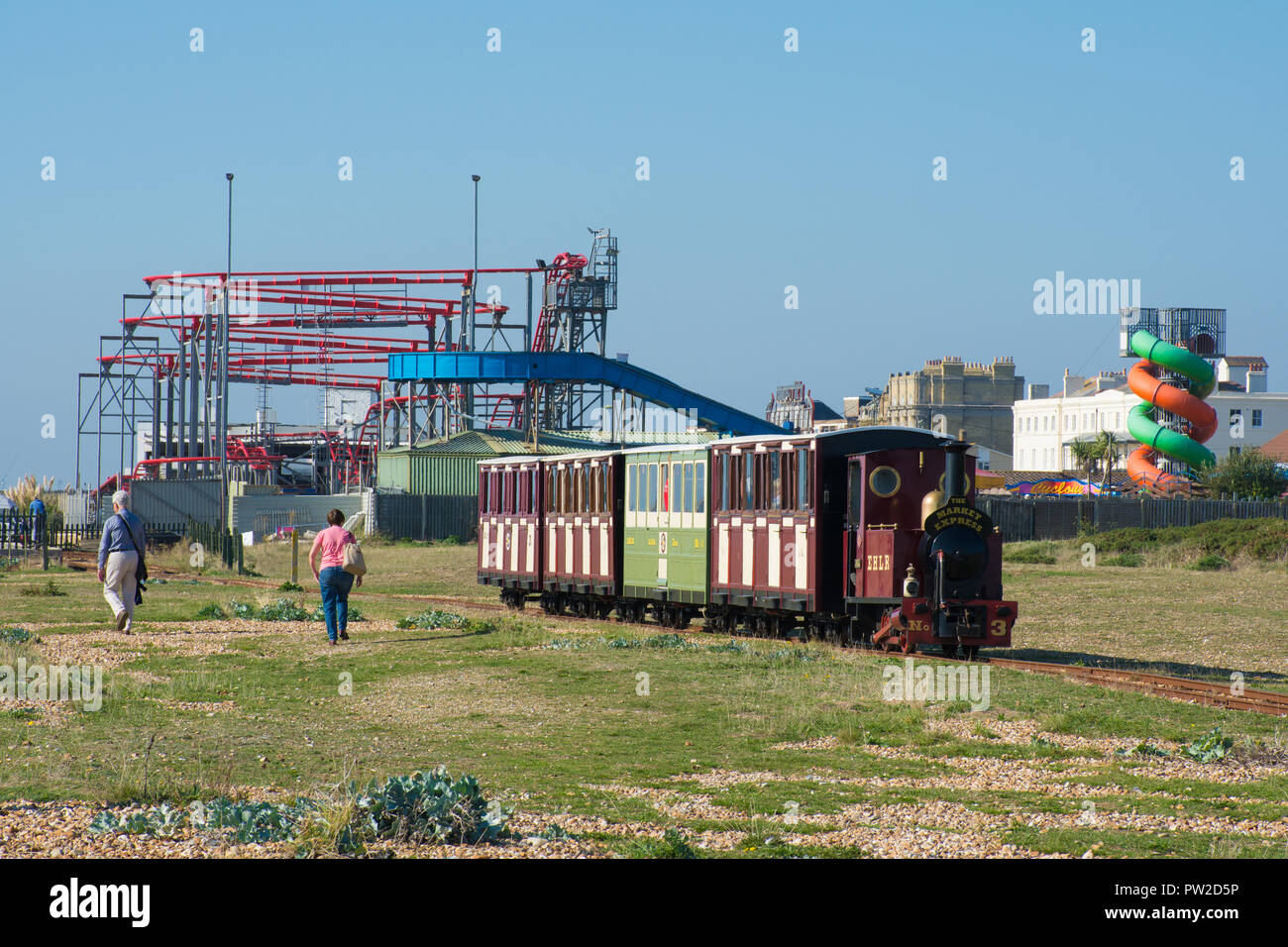 Hayling Island seaside Bahn Schmalspurbahn Fahrt, eine Besucherattraktion in Hampshire, Großbritannien Stockfoto