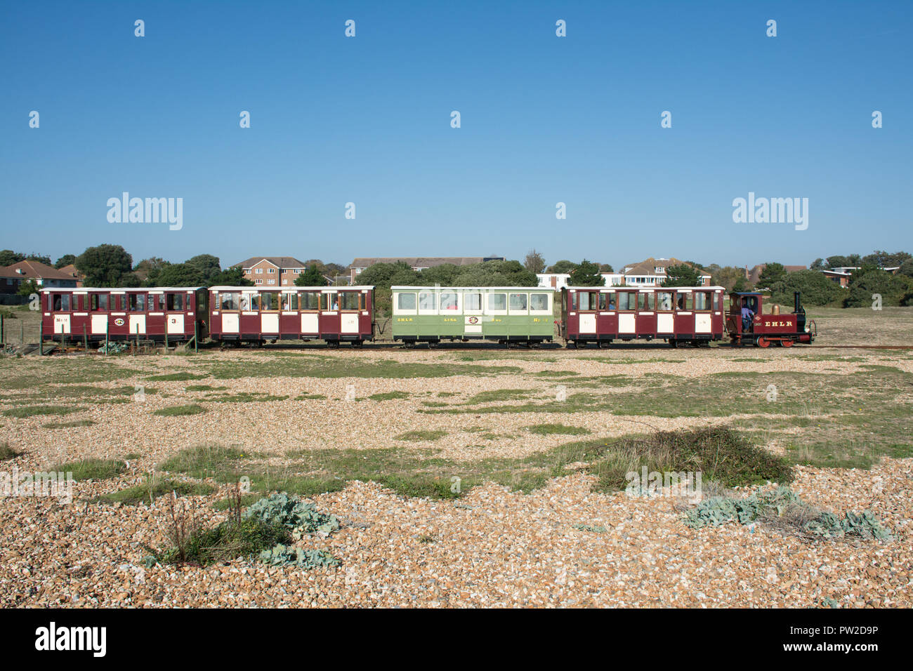 Hayling Island seaside Bahn Schmalspurbahn Fahrt, eine Besucherattraktion in Hampshire, Großbritannien Stockfoto