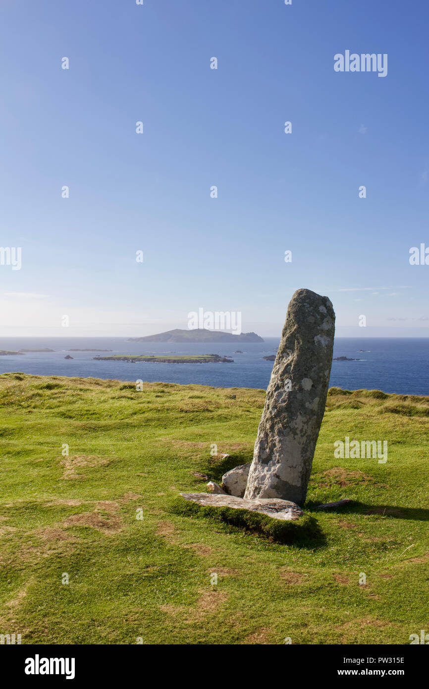 Anzeigen eines antiken Obelisken ogham Stein auf Dunmore Head auf der Halbinsel Dingle in der Grafschaft Kerry, Irland Stockfoto