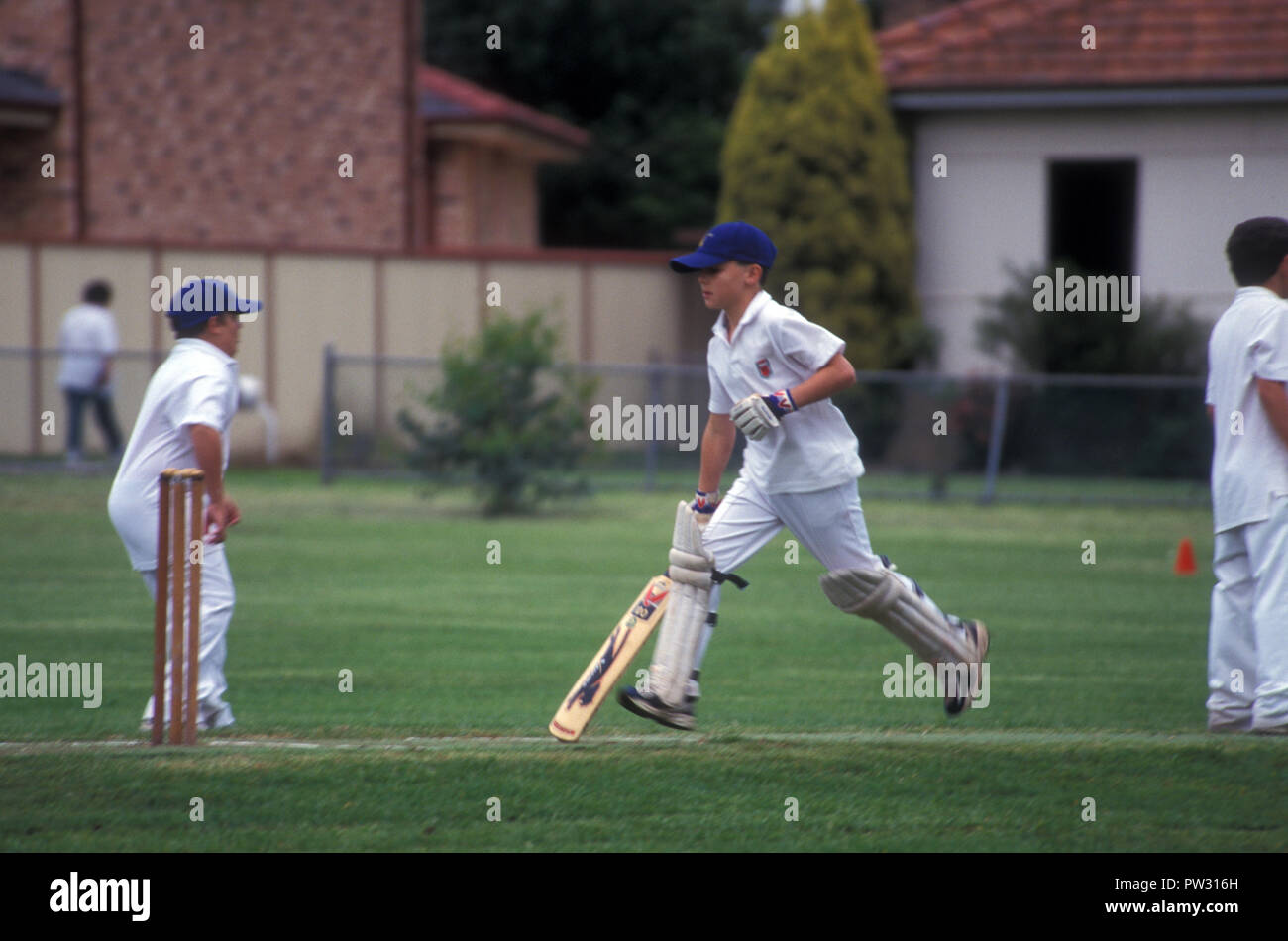 Junior Cricket Spiel im Gange, Sydney, New South Wales, Australien Stockfoto