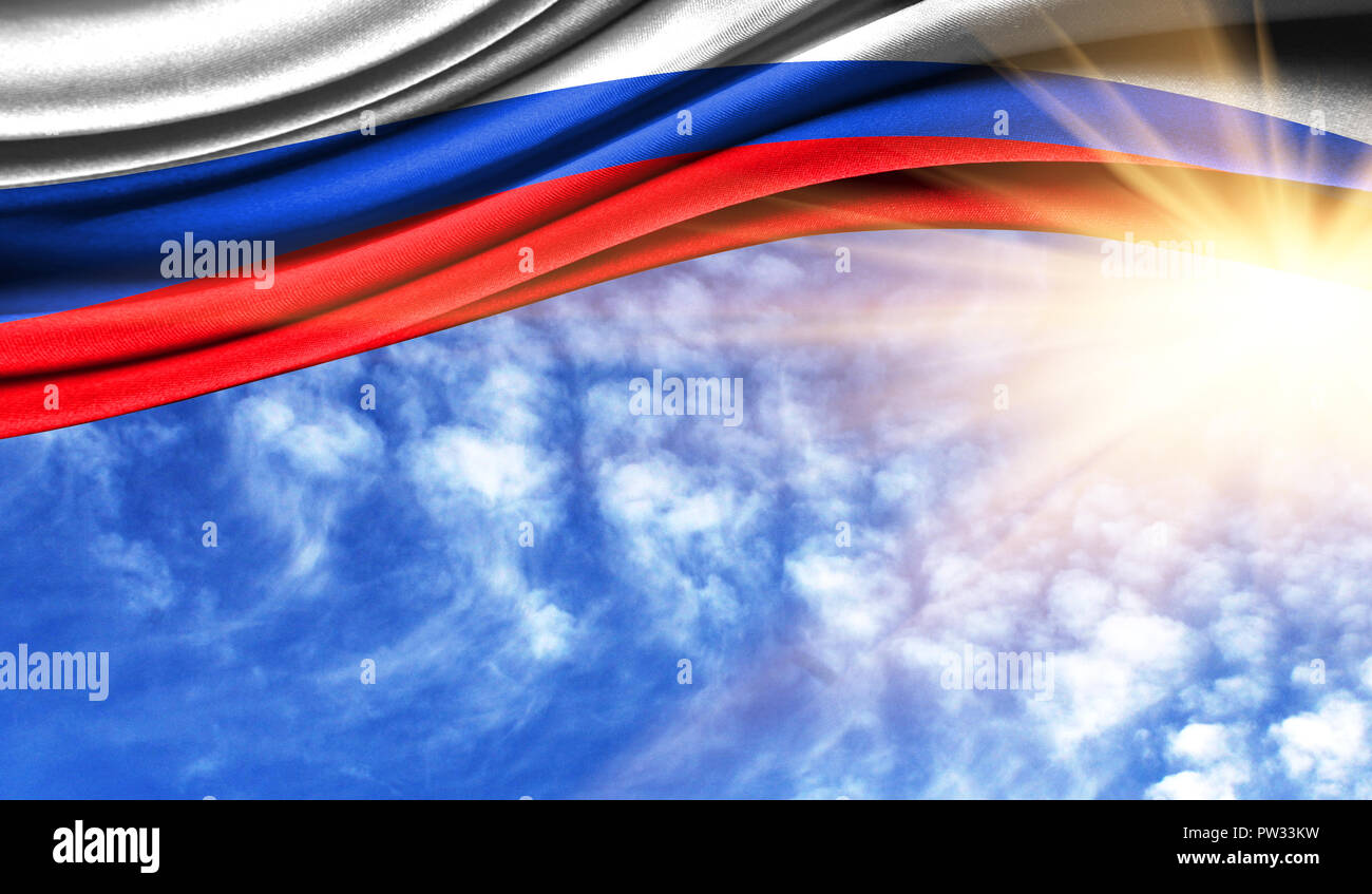 Die unter der Flagge von Russland in die Strahlen der Sonne, im Himmel, die Fotografie ist ein guter Platz für Ihren Text. Stockfoto