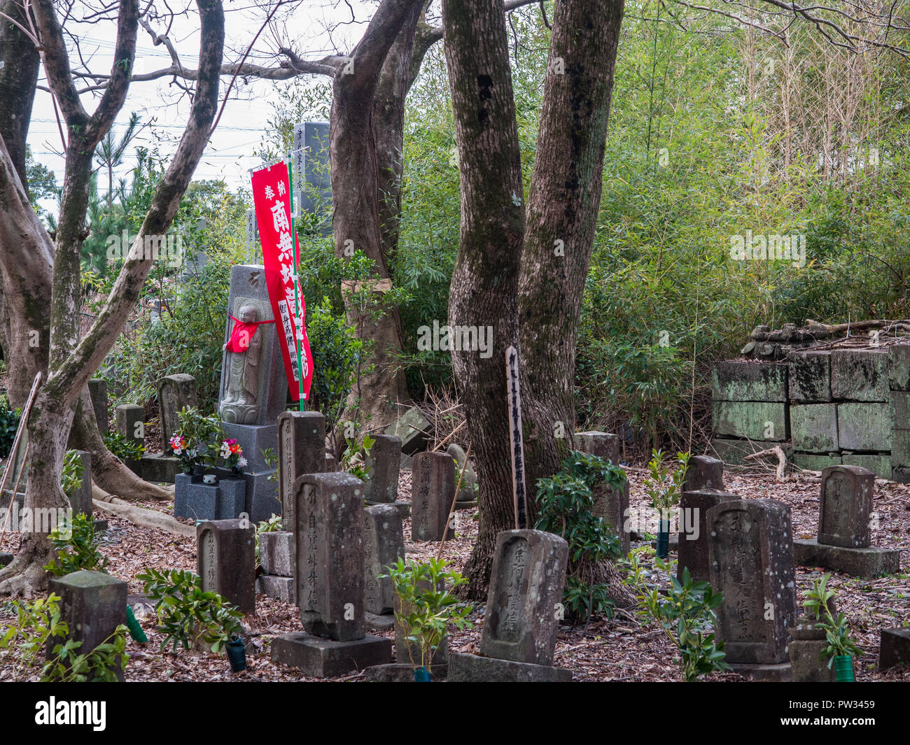 Überwucherten Friedhof, Gedenksteine, Jizo Statue, Landstraße 55, Kannoura zu Muroto, Kochi, Shikoku, Japan Stockfoto