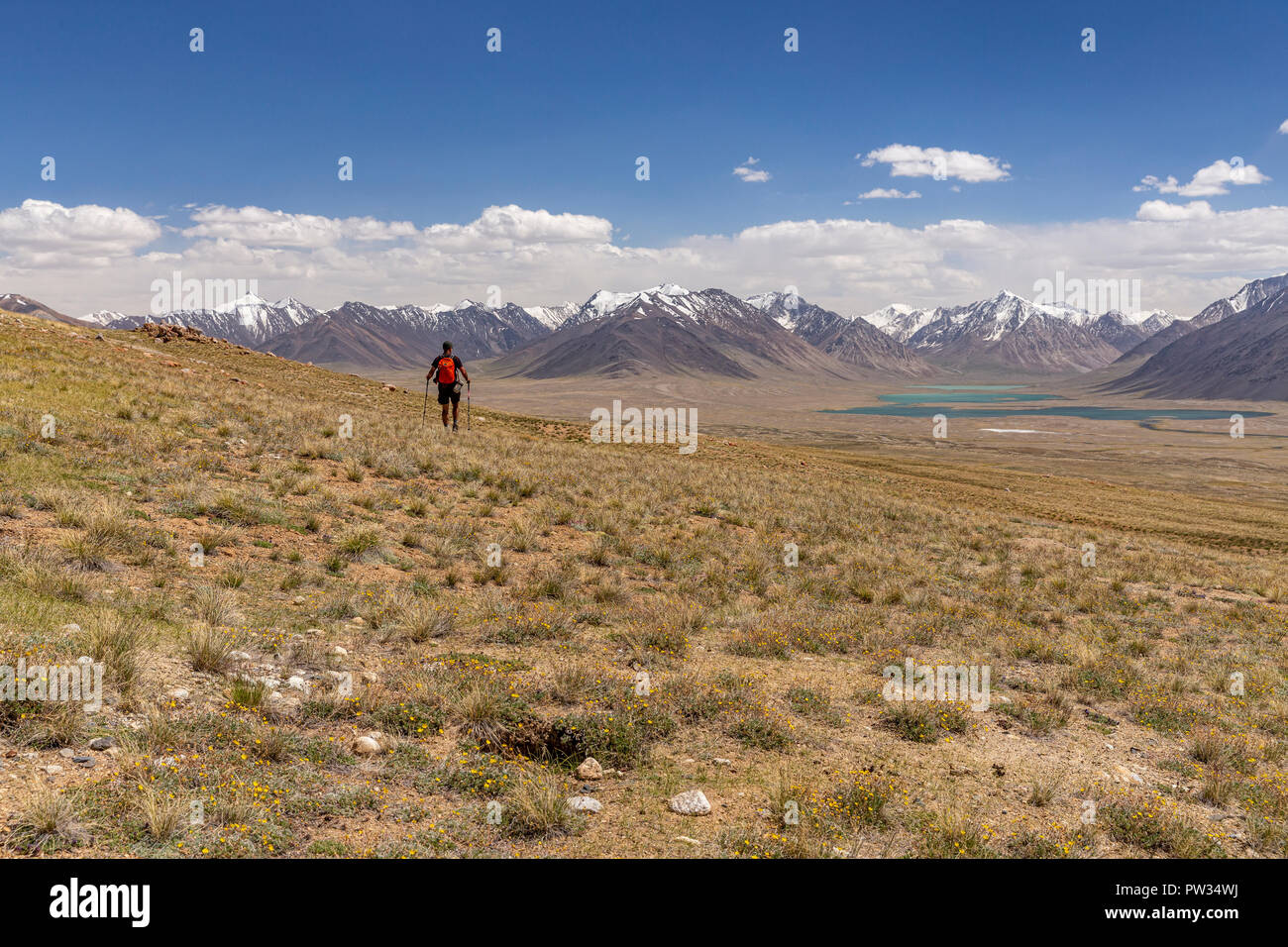 Trekker in der Zorkul Naturschutzgebiet mit afghanischen Große Pamir im Hintergrund auf Trek von Keng Shiber Kara Jilga, Pamir, Tadschikistan Stockfoto
