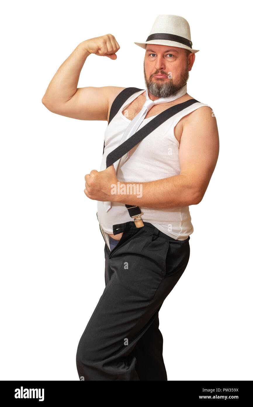 Charmanter Mann in einen Hut und Hemd mit einem bierbauch verbogen seine Hand seine Stärke zeigen. Stockfoto