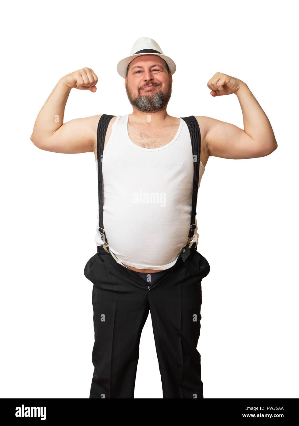 Charmanter Mann in einen Hut und Hemd mit einem bierbauch verbogen seine Hand seine Stärke zeigen. Stockfoto