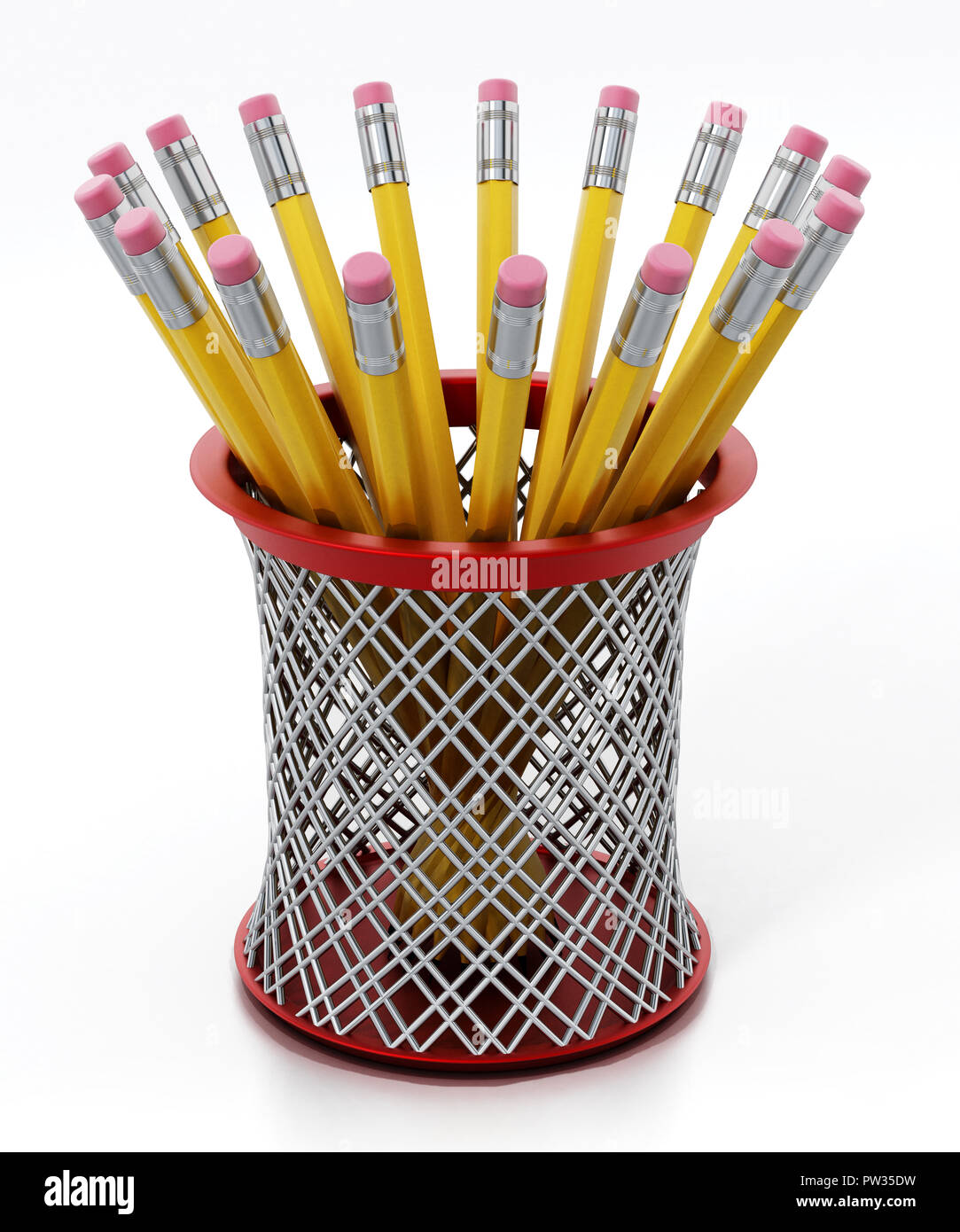 Schwarz Stifthalter voll Der gelbe Bleistift auf weißem Hintergrund. 3D-Darstellung Stockfoto