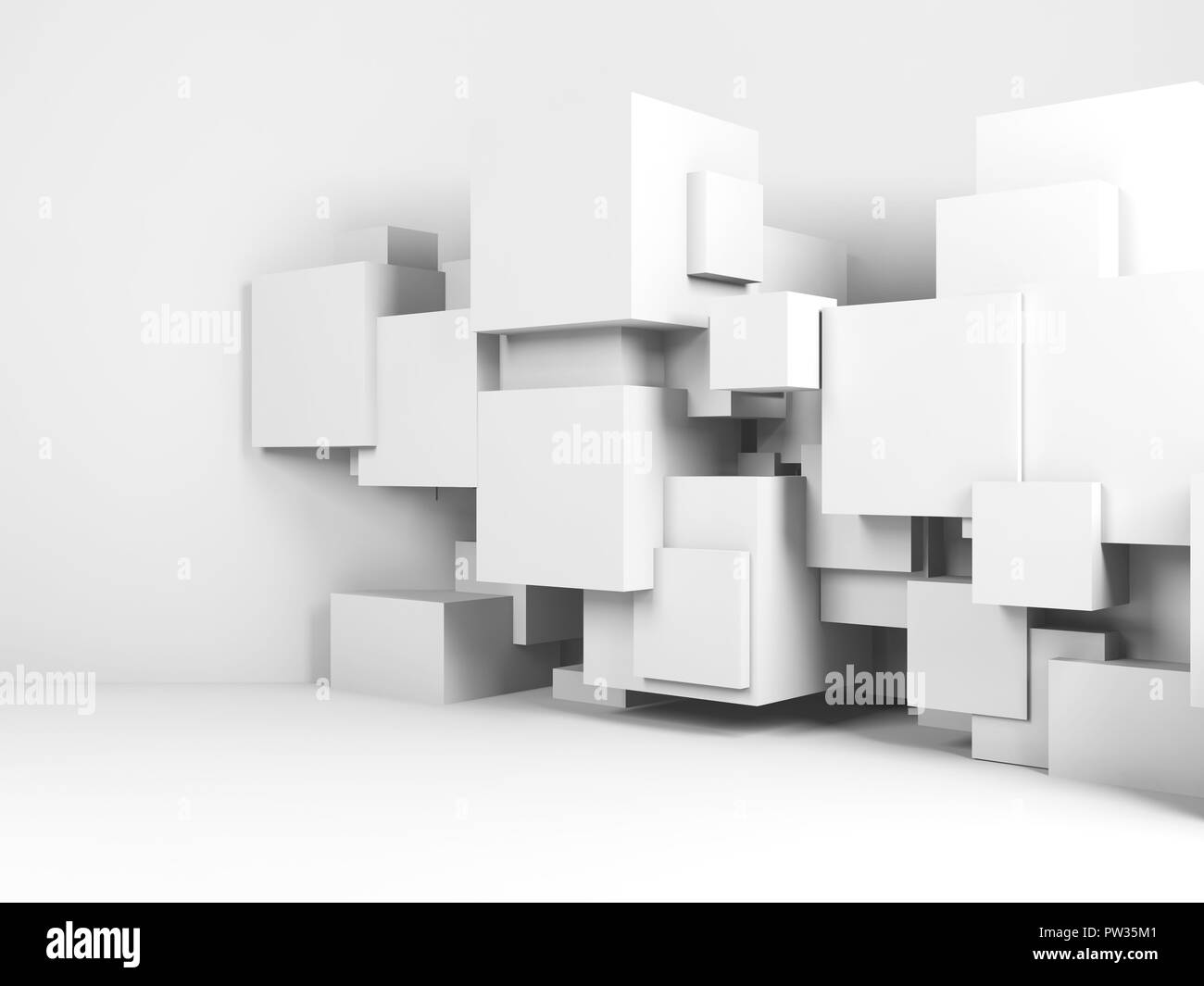 Abstrakte innen weiß Hintergrund mit Würfel Installation im leeren Raum. 3D-Darstellung Stockfoto
