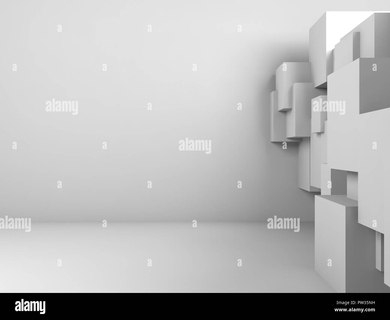 Abstrakte leeren Innenraum Hintergrund mit weißen Würfel Installation. 3D-Darstellung Stockfoto