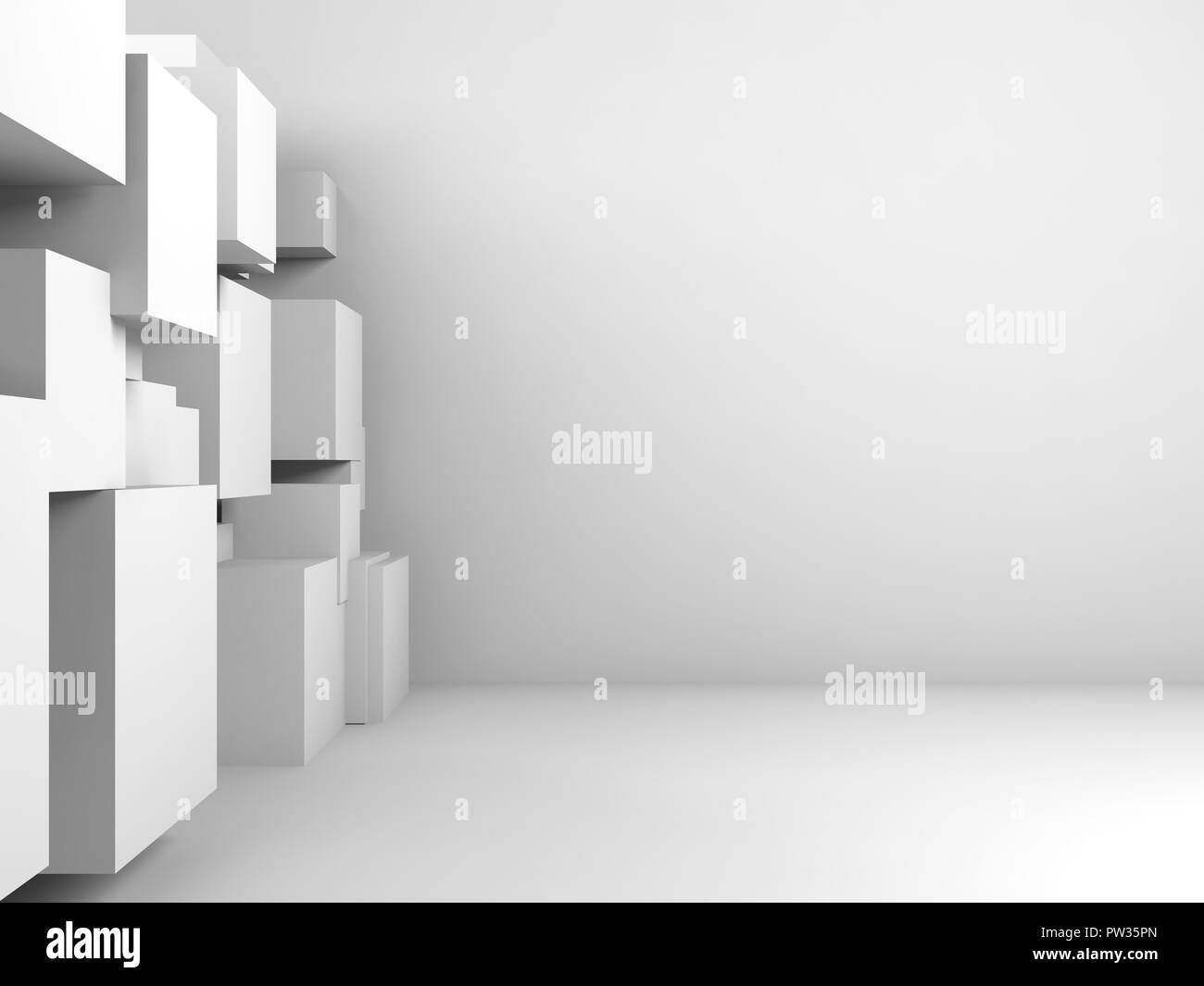 Abstrakte leer innen weiß Hintergrund mit Würfel Installation. 3D-Render Abbildung Stockfoto