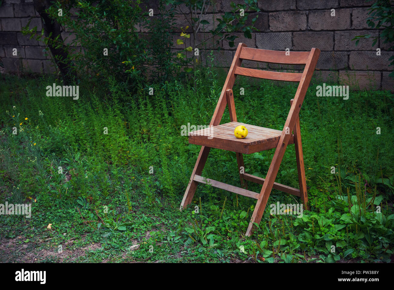 Alte hölzerne Klappstuhl in der Country Garden Stockfotografie - Alamy