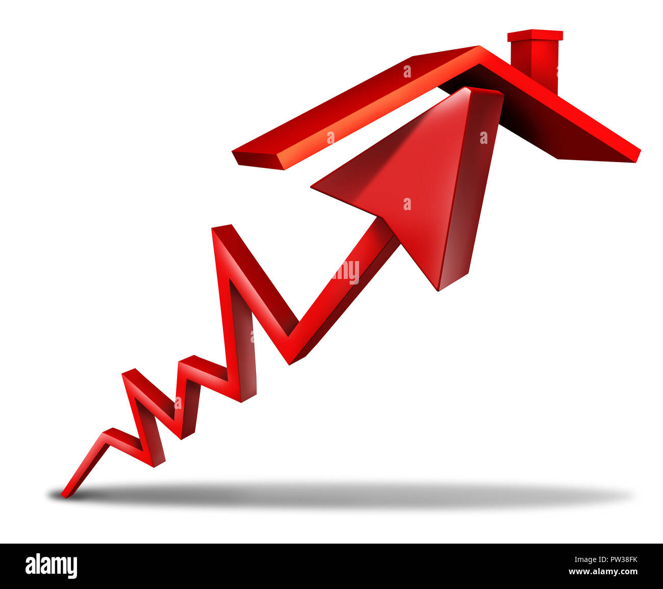 Home Verkauf erhöhen und Immobilienwirtschaft steigen oder Hypothekendarlehen steigen als einem nach oben zeigenden Pfeil Anheben ein Dach Stockfoto