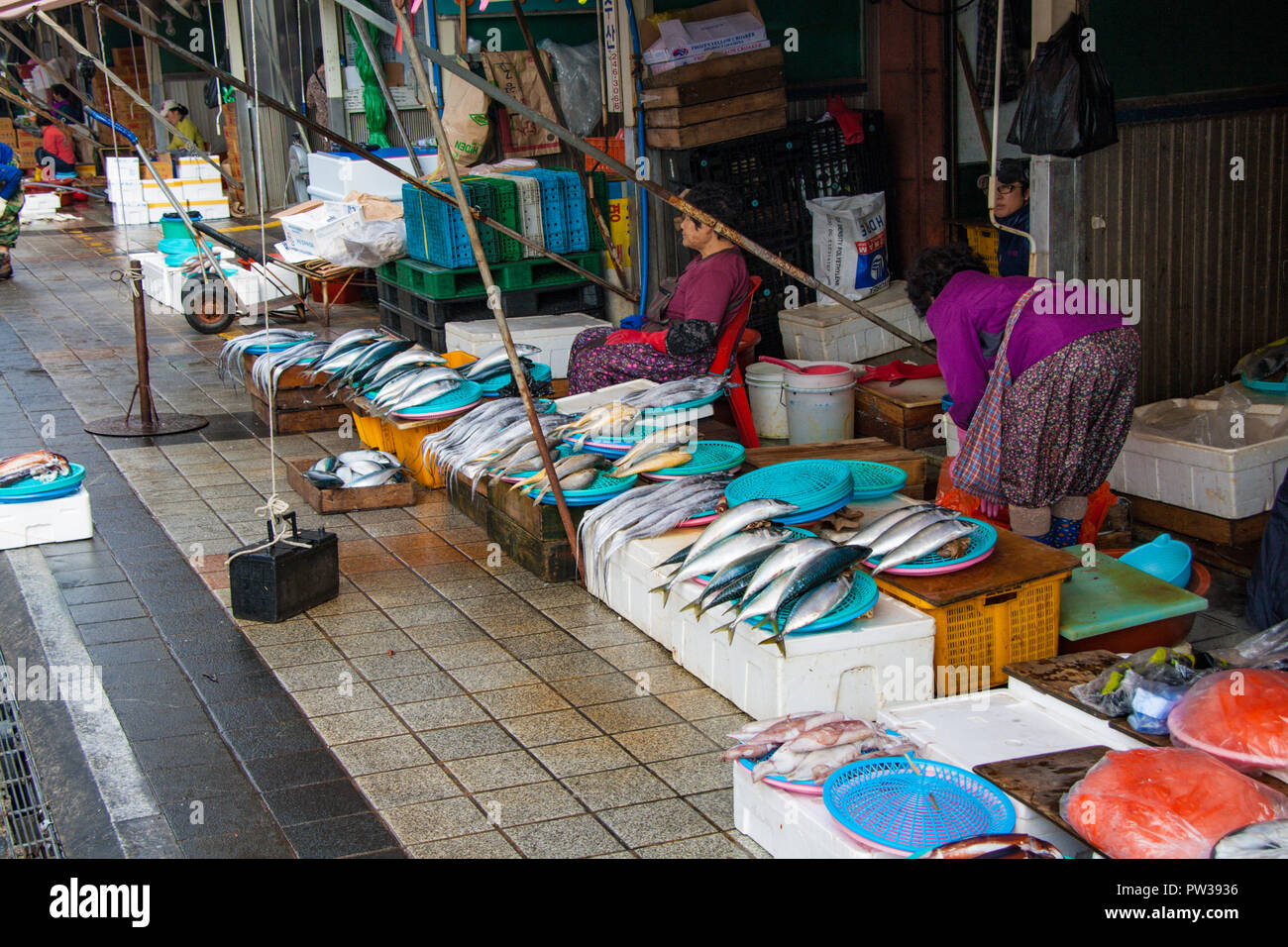 Busan, Südkorea. Oktober 2012: Der jagalchi Fischmarkt ist ein Vertreter der Fischmarkt und ein Reiseziel in Busan. Viele Touristen besuchen Jag Stockfoto