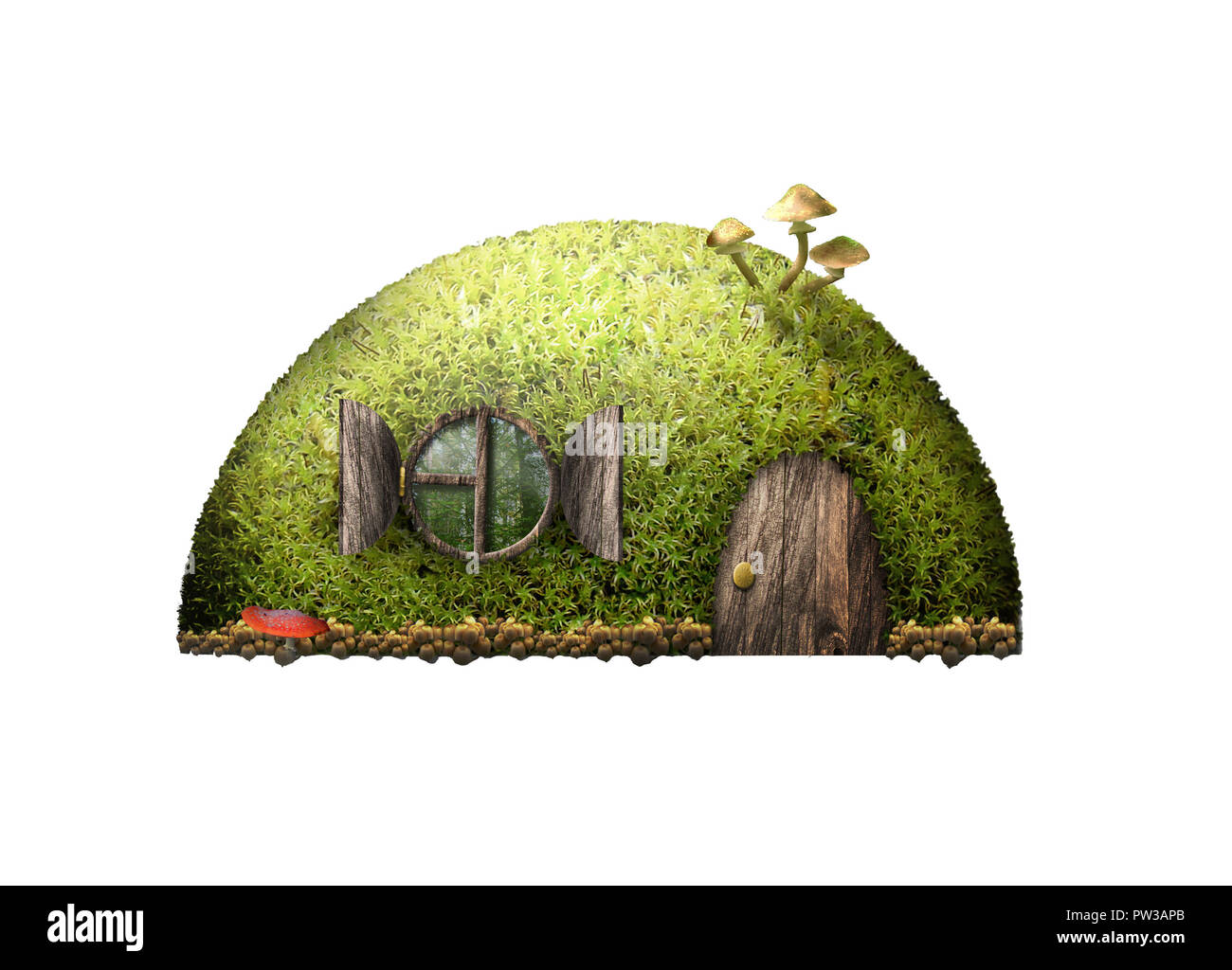 Fabelhafte Wald Haus in Form eines grünen Hügels von Moss mit Pilzen. Stockfoto