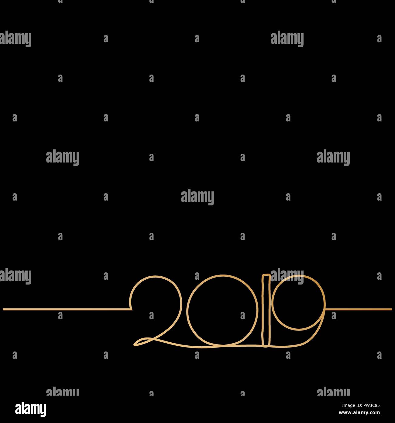 Eine kontinuierliche Gold Line Zeichnung 2019. Vektor neues Jahr Abbildung auf weißem Hintergrund Stock Vektor