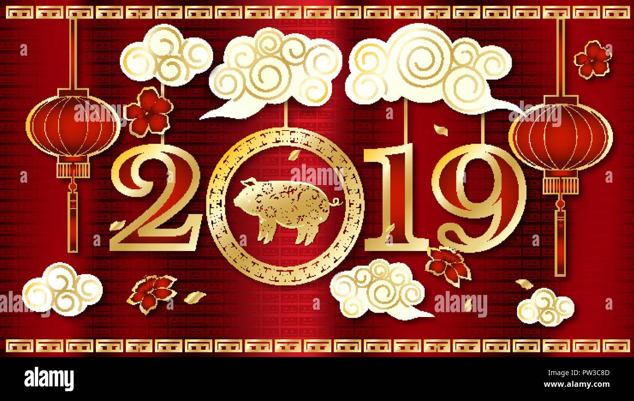 Happy Chinese New Year 2019 Sternzeichen mit gold Papier Kunst und Handwerk Stil auf farbigem Hintergrund Stock Vektor