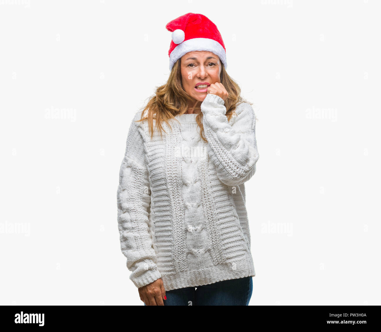 Mittleres Alter senior Hispanic Frau tragen Mütze über isolierte Hintergrund gestresst und nervös mit den Händen auf den Mund Beißen Nägel. Angst Stockfoto