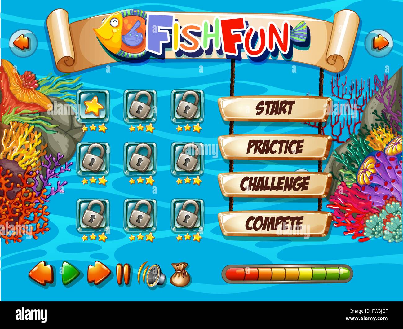 Unterwasser Fisch Spiel Vorlage Abbildung Stock Vektor