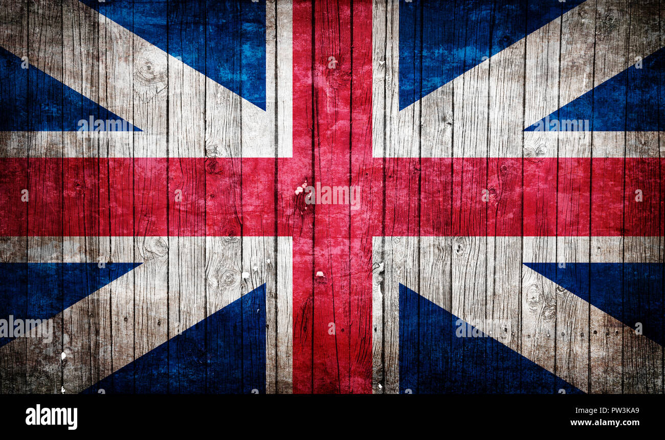 Britische Flagge auf alten hölzernen Hintergrund Stockfoto