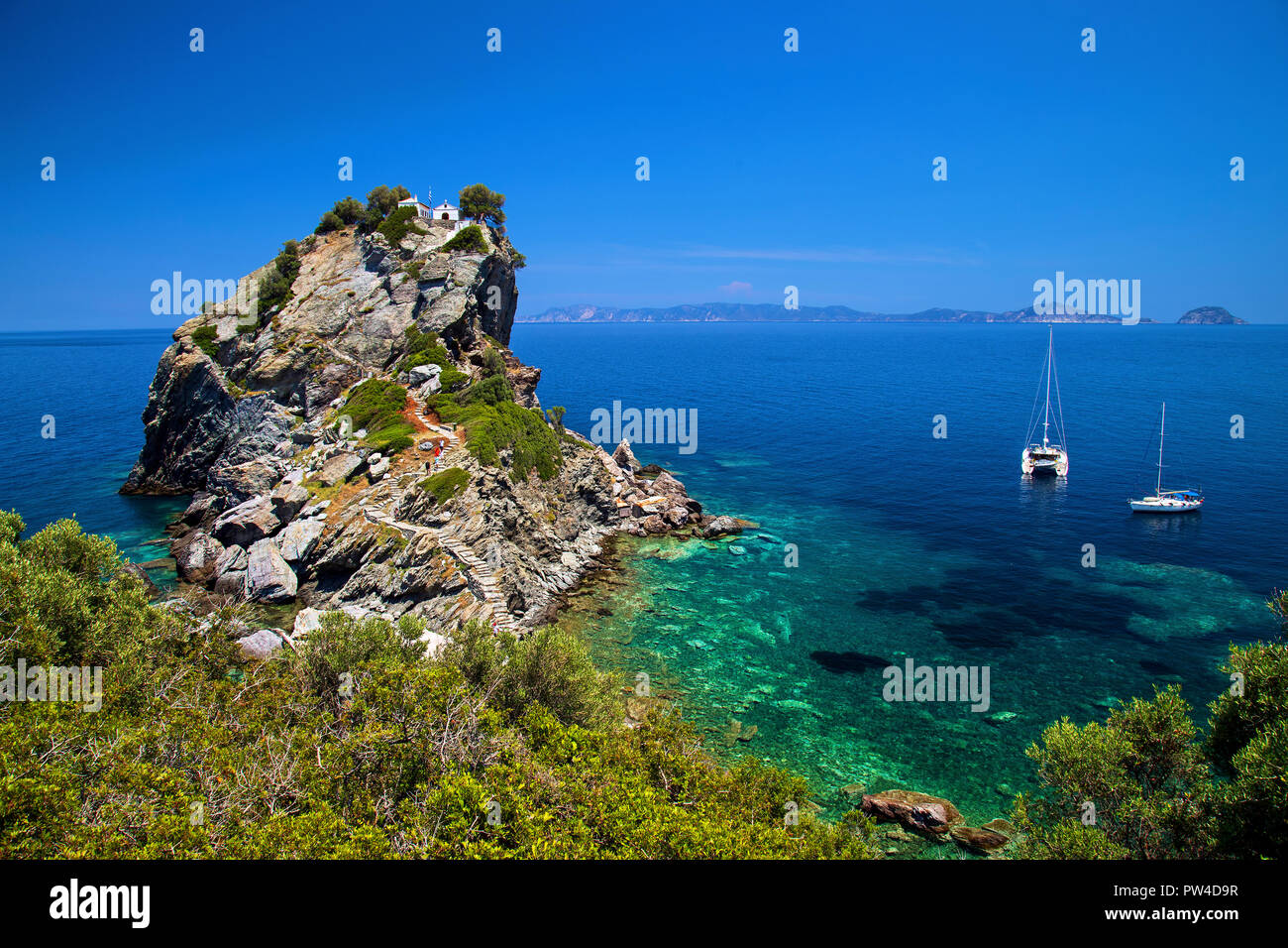 Agios Ioannis ('Ai Giannis sto Kastri") Kirche, Insel Skopelos, Nördliche Sporaden, Magnessia, Thessalien, Griechenland. Stockfoto