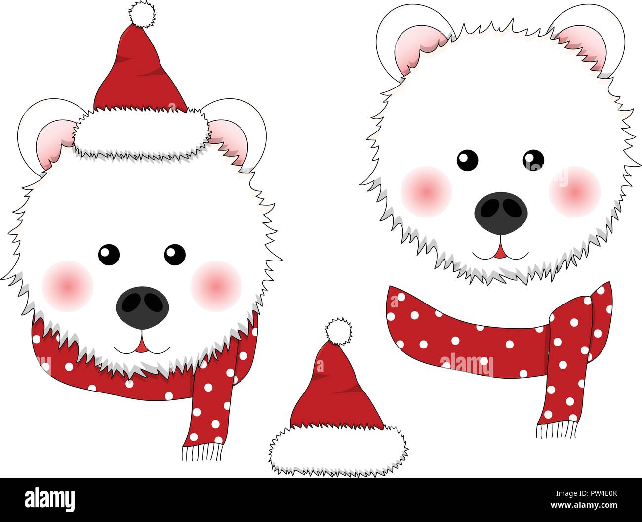 Weißer Bär Weihnachtsmann mit rotem Schal Polka Dot. Vector Illustration. Stock Vektor