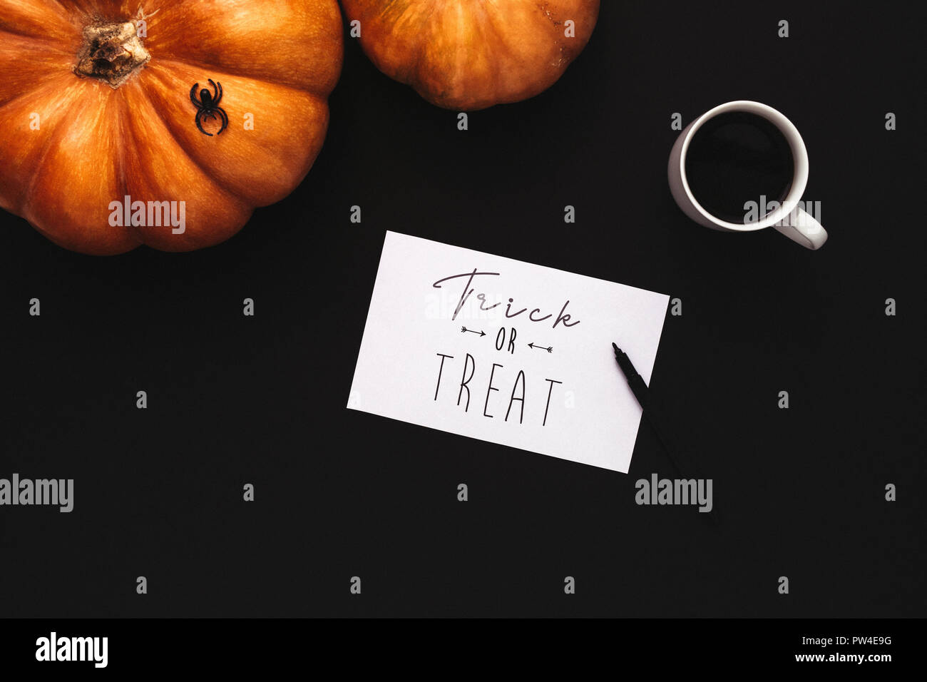 Flay legen Herbst Kürbisse mit Trick oder Karte Tasse Kaffee gönnen. Flach Konzept von Halloween auf schwarzem Hintergrund. Stockfoto