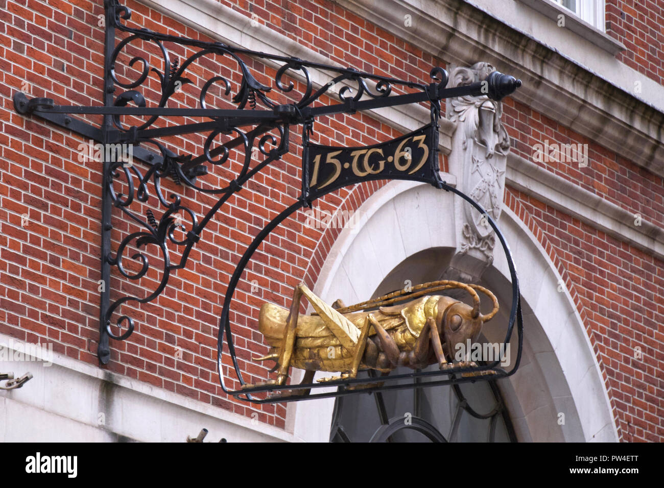 Die goldenen grasshopper Insignien des 16. Jahrhunderts Kaufmann, Thomas Gresham, Lombard Street, London Stockfoto