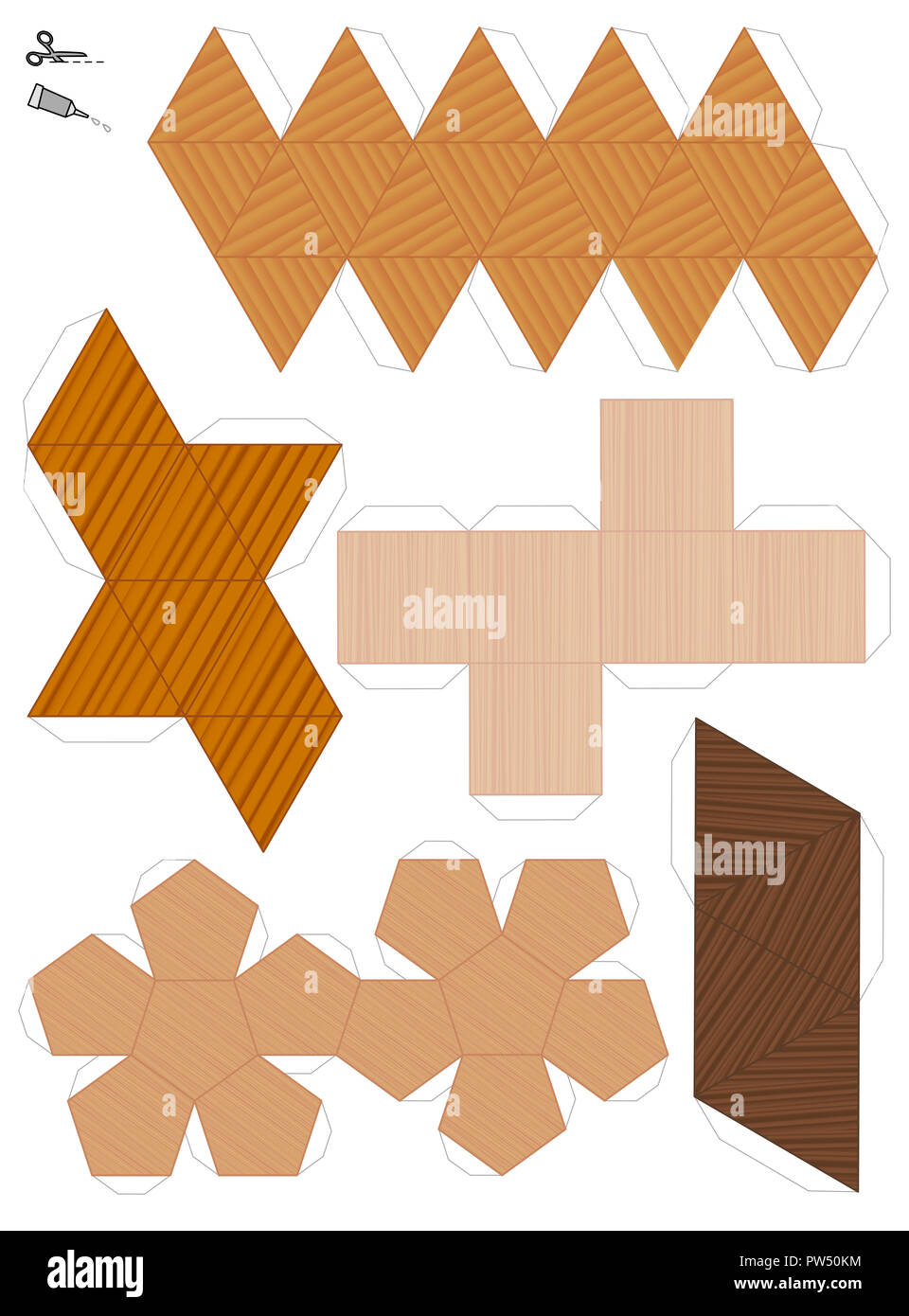 Papier Modelle der fünf platonischen Körper. Holz- strukturierte Vorlagen ausschneiden und fünf geometrische Figuren machen. Sample Set mit verschiedenen Texturen. Stockfoto