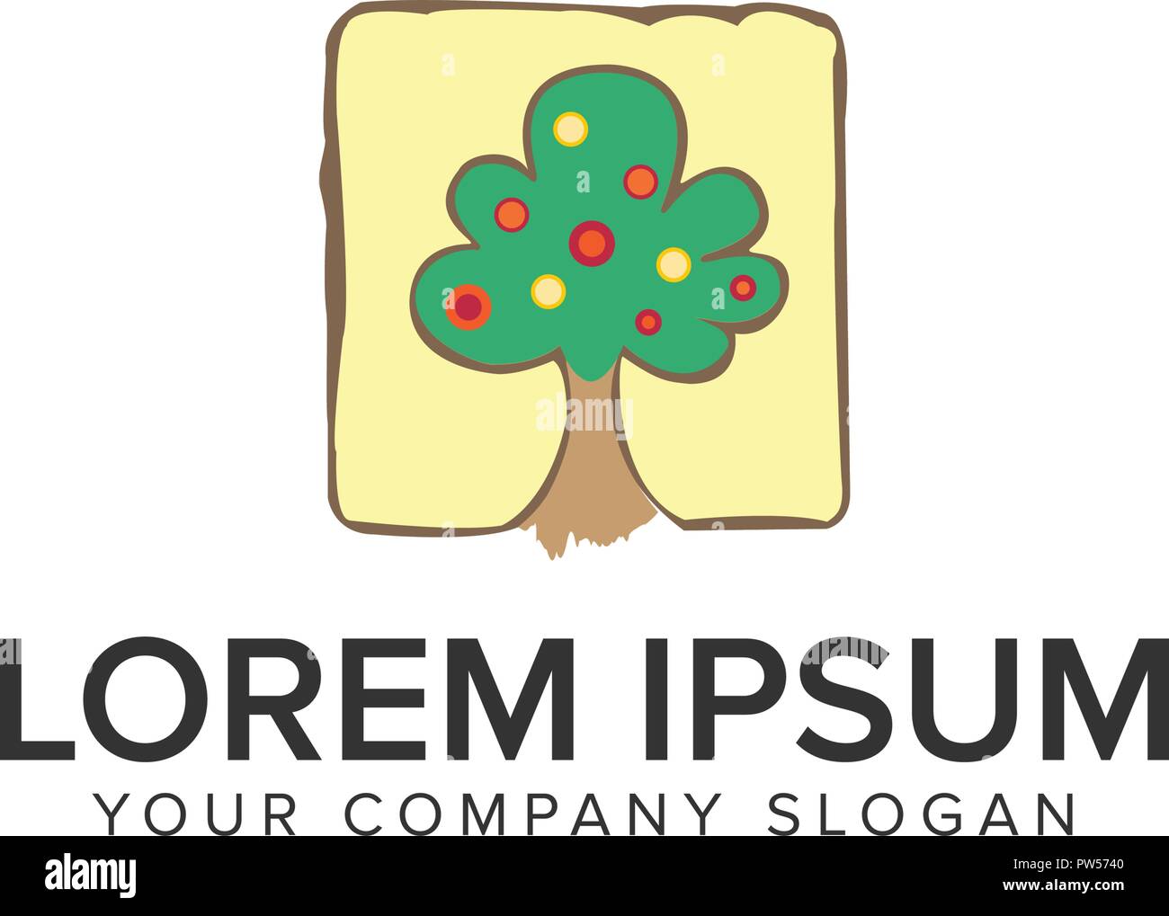 Baum mit Handgezeichnetem Logo Design Konzept Vorlage. Stock Vektor