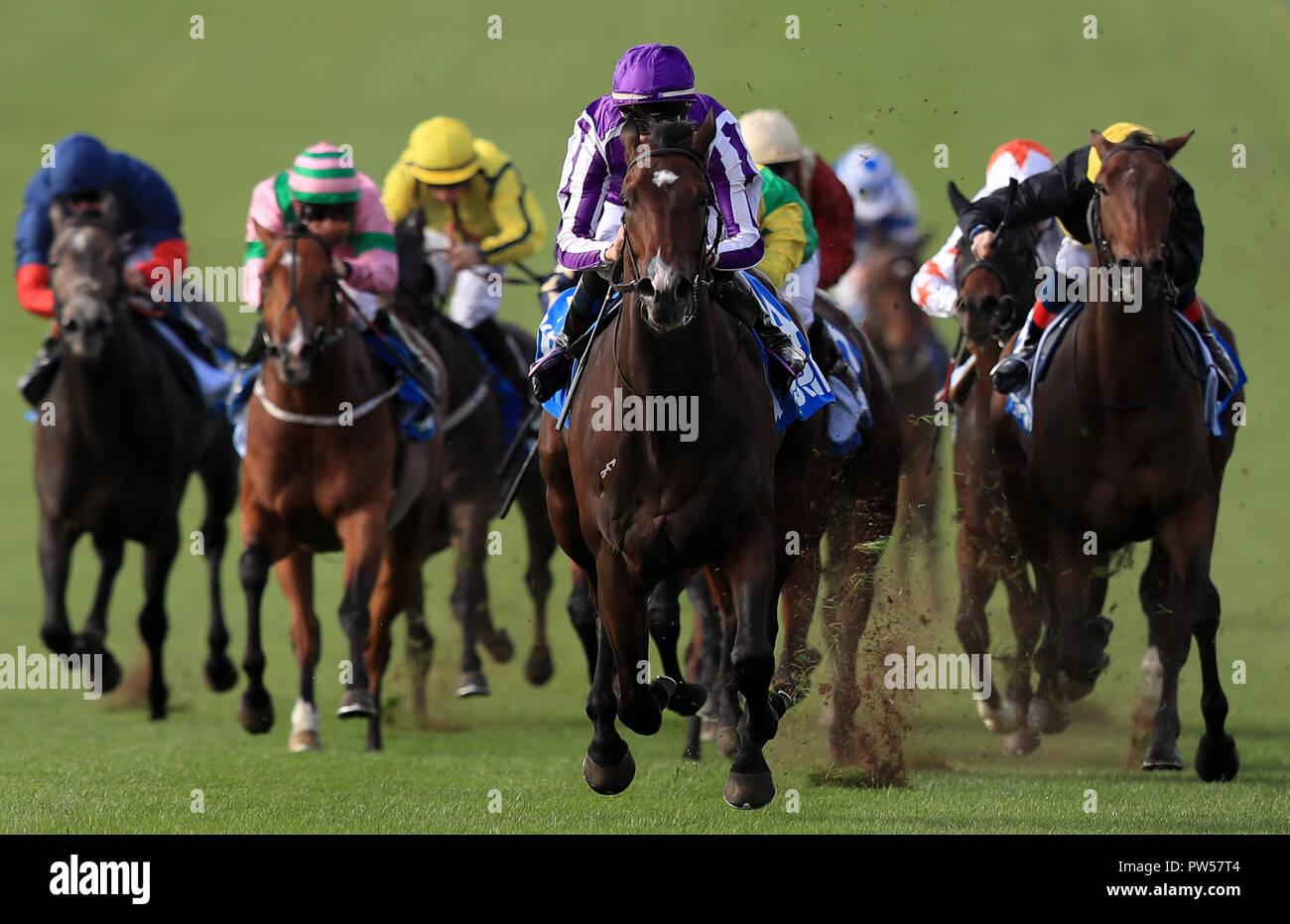 Sergej Prokofjew (Mitte) geritten von Donnacha O'Brien gewinnt die Newmarket Akademie Godolphin Leuchtturmprojekt Cornwalls Einsätze während des Tages eine der zukünftigen Meister Dubai Festival in Newmarket Racecourse. PRESS ASSOCIATION Foto. Bild Datum: Freitag, 12. Oktober 2018. Siehe PA Geschichte RACING Newmarket. Photo Credit: Simon Cooper/PA-Kabel Stockfoto