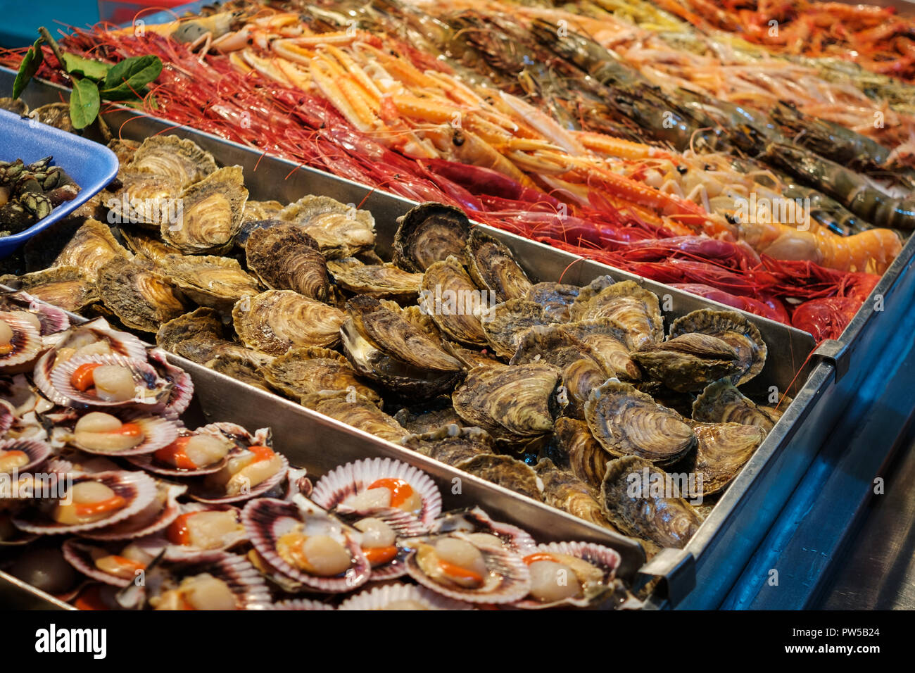 Frische Muscheln, Fisch und Meeresfrüchte auf Eis am Markt Tabelle Abschaltdruck Stockfoto