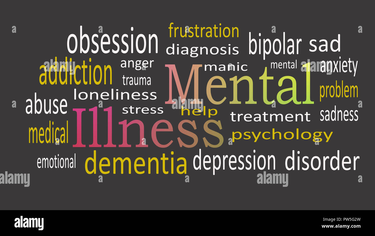 Psychische Erkrankungen, Word cloud Konzept auf schwarzem Hintergrund. Stockfoto
